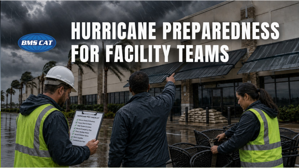 Facility team inspecting and securing a commercial property before a hurricane.