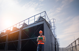 Technician inspecting an industrial cooling tower while using a tablet.