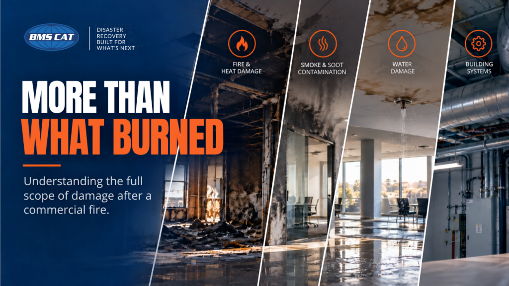 Commercial fire damage infographic showing fire and heat damage, smoke and soot contamination, water damage, and affected building systems beyond the visibly burned area.