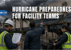 Facility team inspecting and securing a commercial property before a hurricane.